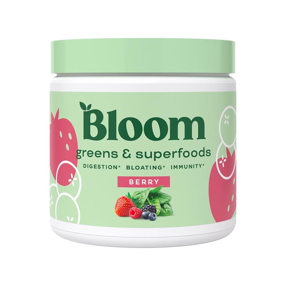 Bloom Nutrition Super Greens Powder Smoothie &amp; Juice Mix - Probiotics for Digestive Gut Health &amp; Bloating Relief for Women, Digestive Enzymes with Superfoods Spirulina &amp; Chlorella (Berry)