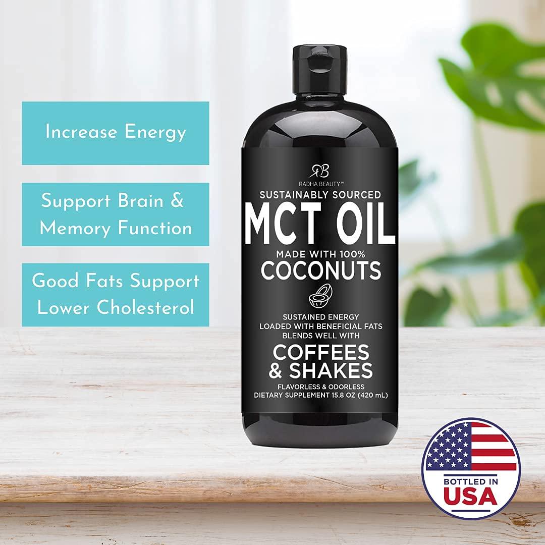 Radha Beauty Premium MCT Oil Made only from Non-GMO Coconuts - 15.8oz. Keto, Paleo, Gluten Free and Vegan Approved.
