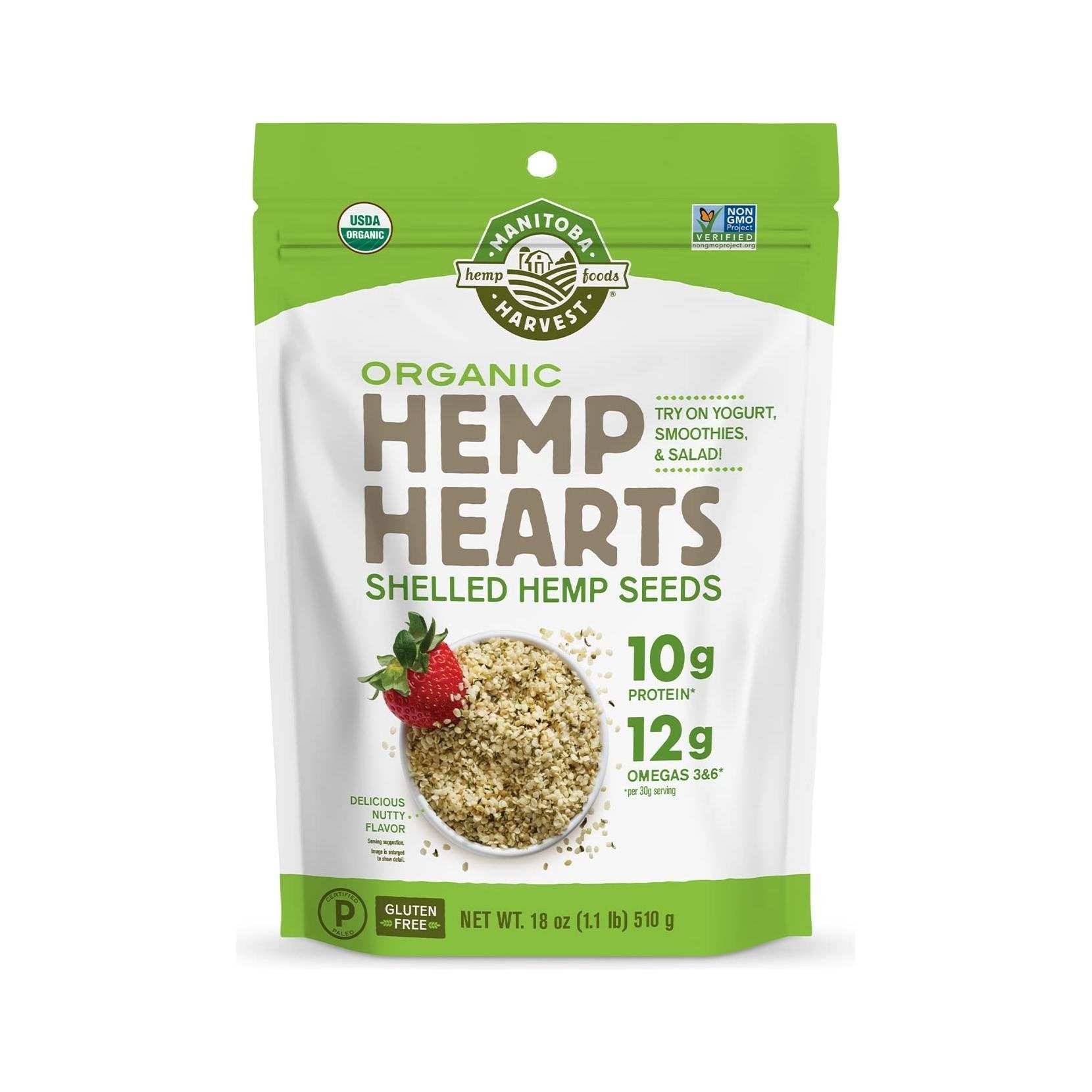 Organic Hemp Seeds, 18oz; 10g Plant Based Protein and 12g Omega 3 &amp; 6 per Srv | smoothies, yogurt &amp; salad | Non-GMO, Vegan, Keto, Paleo, Gluten Free| Manitoba Harvest