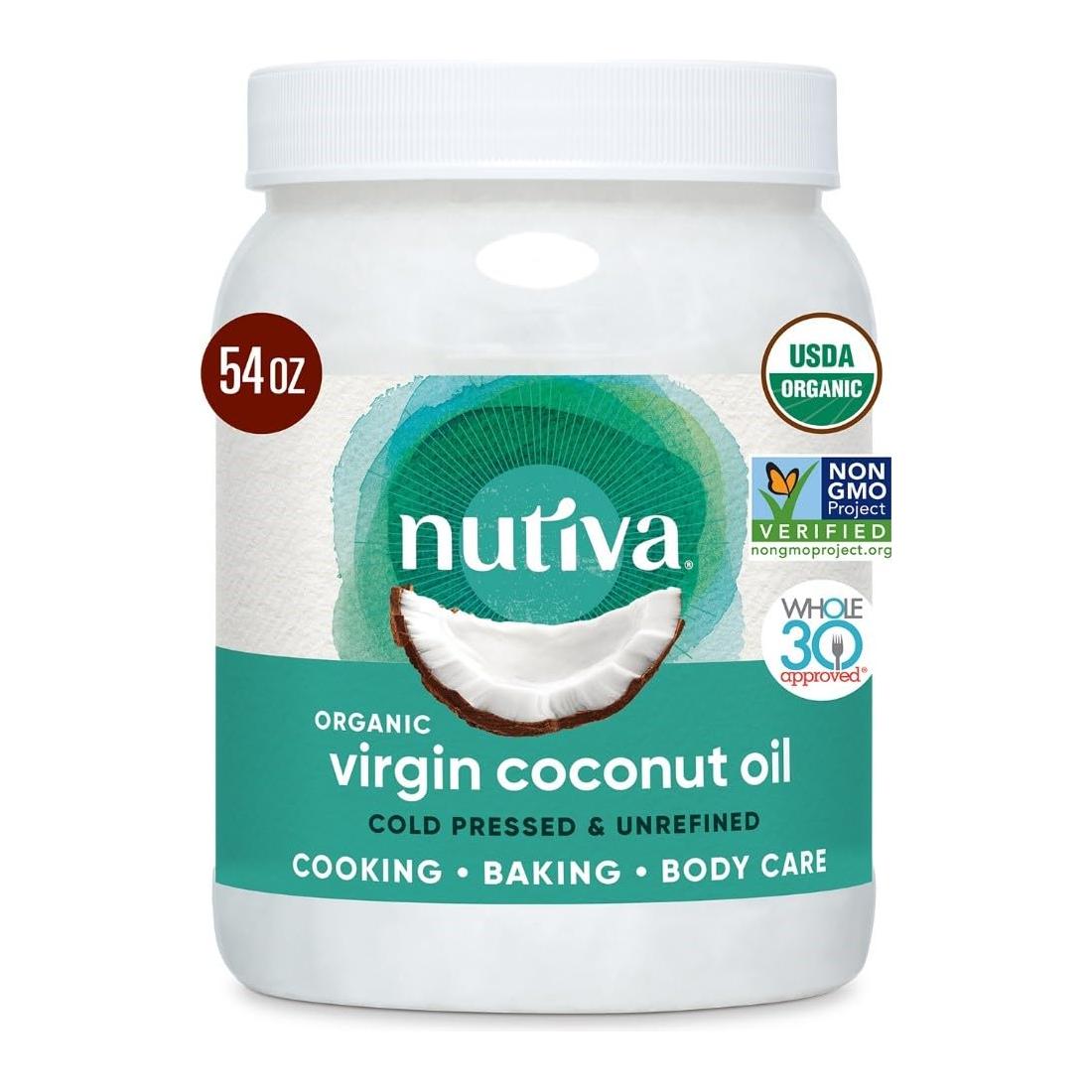 Nutiva Organic Coconut Oil 54 fl oz, Cold-Pressed, Fresh Flavor for Cooking, Natural Hair, Skin, Massage Oil and, Non-GMO, USDA Organic, Unrefined Extra Virgin Coconut Oil (Aceite de Coco)