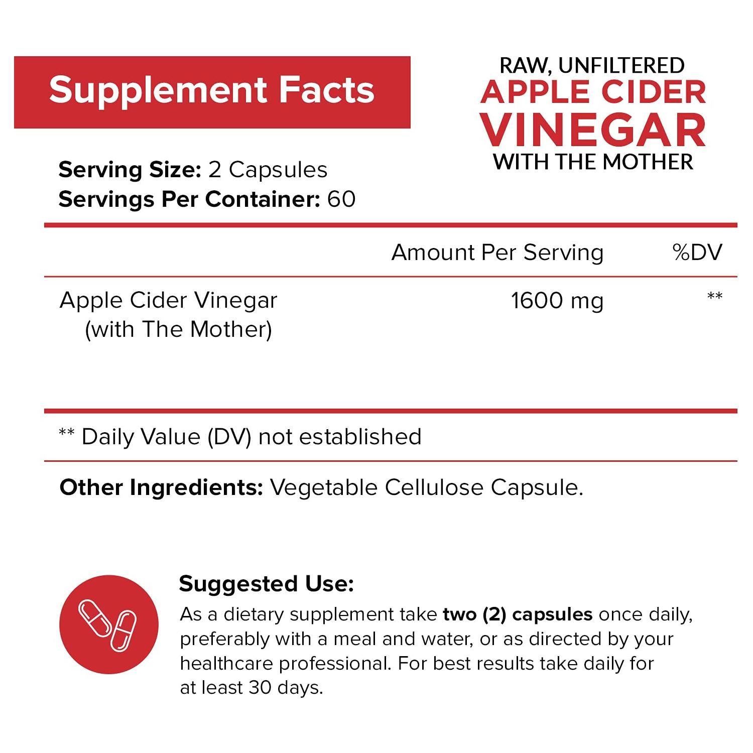 Apple Cider Vinegar Capsules with The Mother - 120 Vegan ACV Pills - Best Supplement for Healthy Weight Loss, Diet, Keto, Digestion, Detox, Immune - Powerful Cleanser &amp; Appetite Suppressant Non-GMO