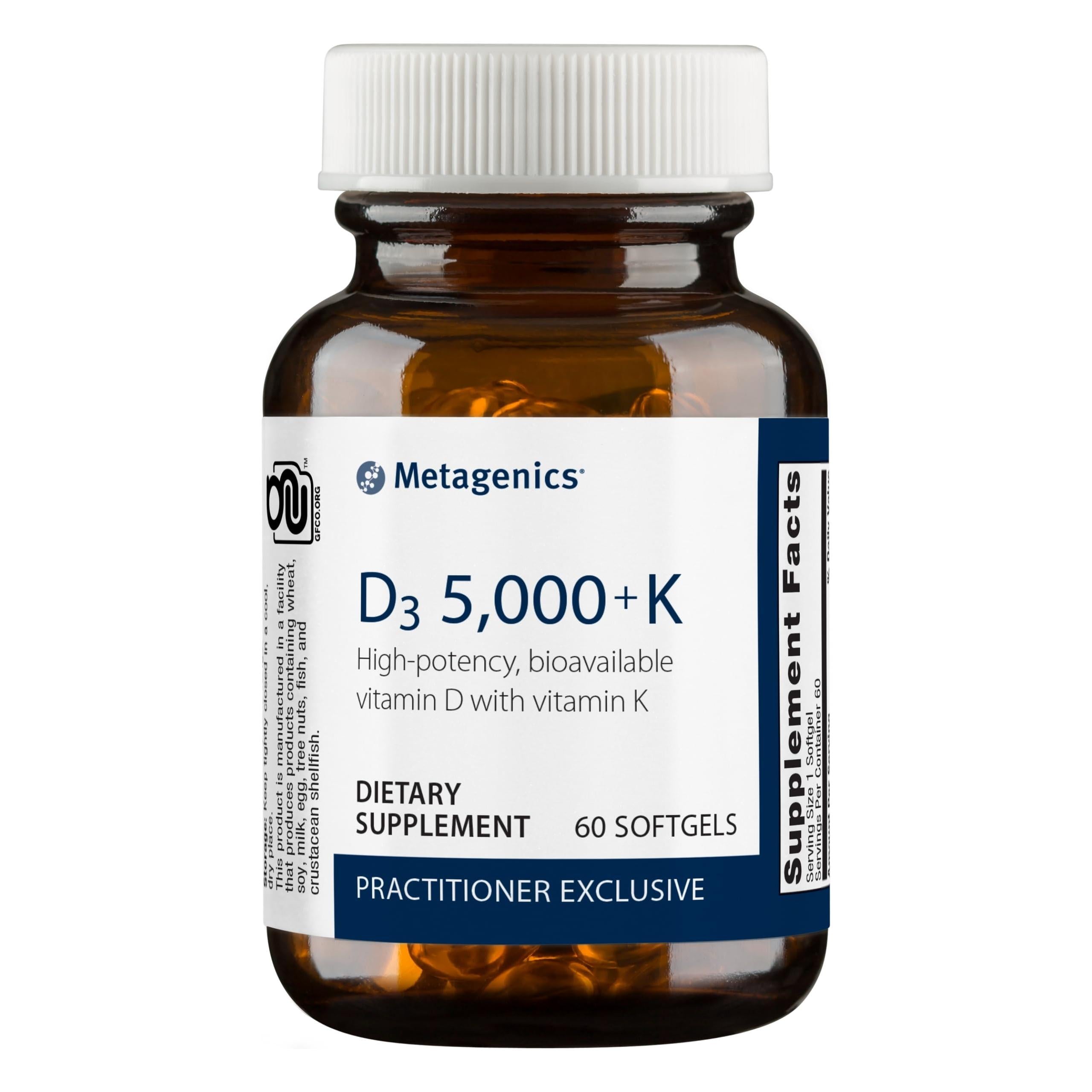 Metagenics D3 5,000 + K - for Immune Support, Bone Health &amp; Heart Health* - Vitamin D with MK-7 (Vitamin K2) - Non-GMO - Gluten-Free - 60 Softgels