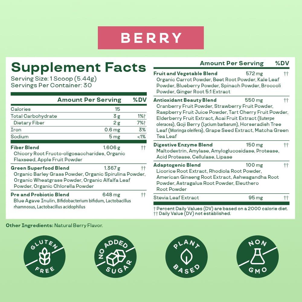 Bloom Nutrition Super Greens Powder Smoothie &amp; Juice Mix - Probiotics for Digestive Gut Health &amp; Bloating Relief for Women, Digestive Enzymes with Superfoods Spirulina &amp; Chlorella (Berry)