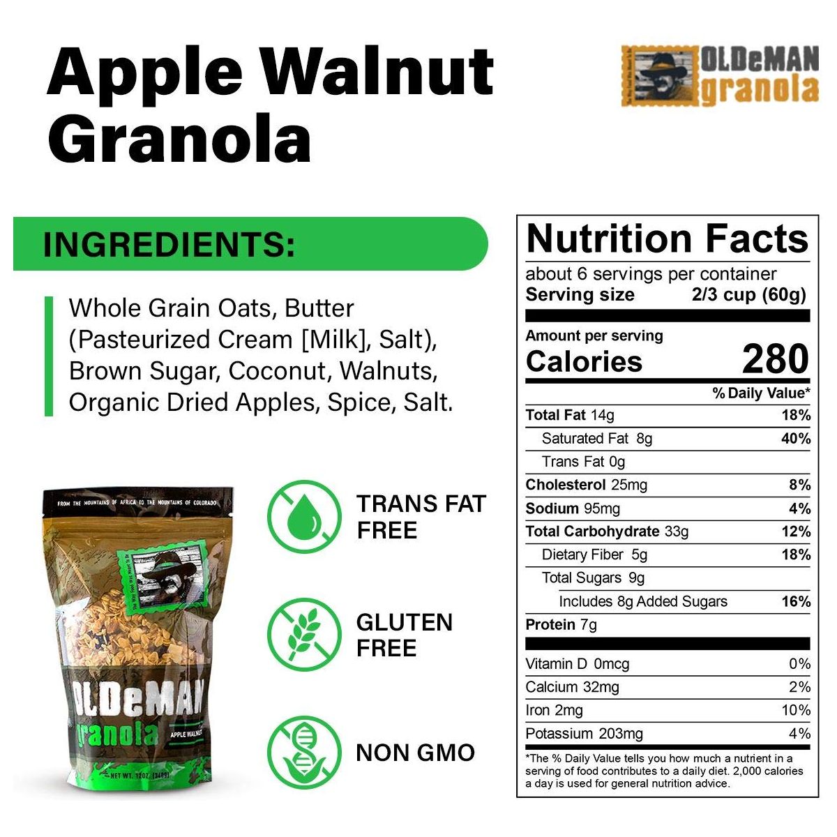 Olde Man Granola Gluten Free Granola - Non-GMO Healthy Granola Cereal - Soft Whole Grain Oats, Butter, Brown Sugar - Handmade in Colorado (Apple Walnut, 12oz Pack)