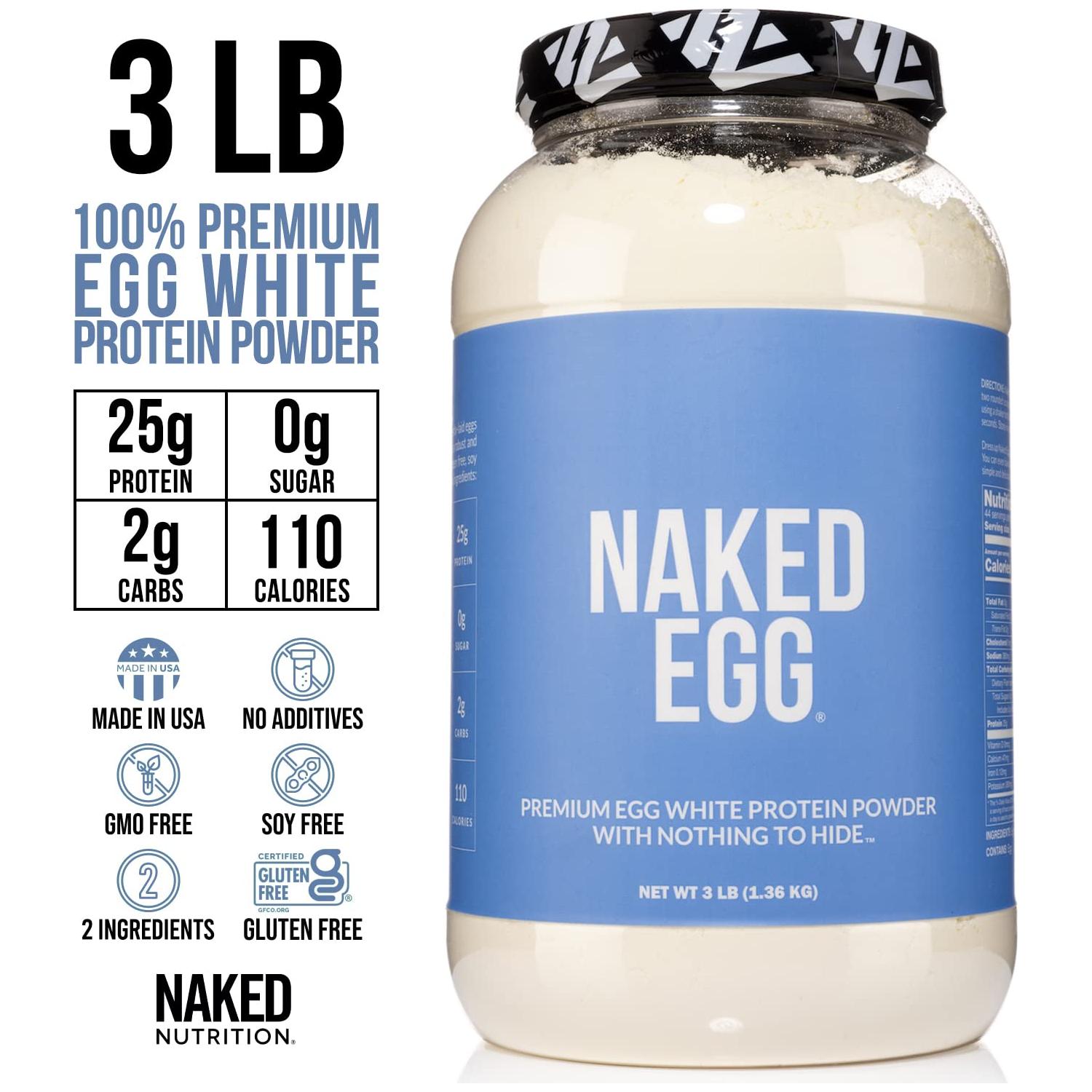 NAKED nutrition 3LB Non-GMO Egg White Protein Supplement Powder, Unflavored, No Additives, Paleo, Dairy Free, Gluten Free, Soy Free - 25g Protein, 44 Servings, 3 pounds