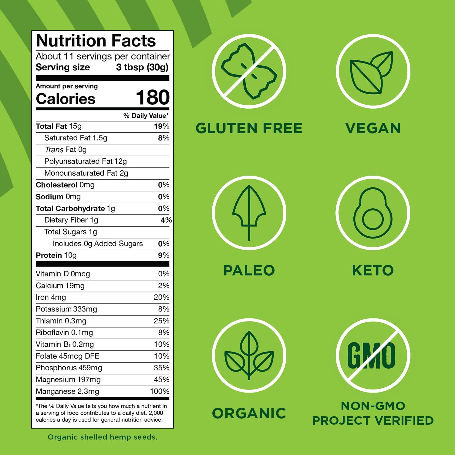 Organic Hemp Hearts, 12oz; 10g Plant Based Protein and 12g Omega 3 &amp; 6 per Srv | Smoothies, yogurt &amp; salad | Non-GMO, Vegan, Keto, Paleo, Gluten Free | Manitoba Harvest