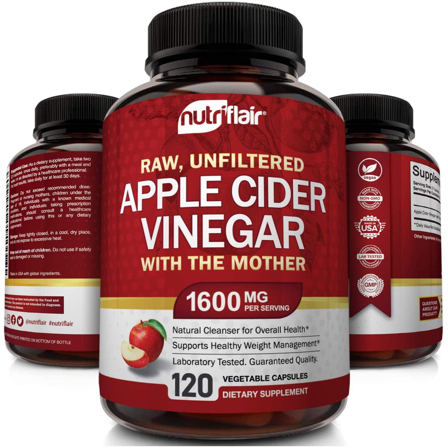 Apple Cider Vinegar Capsules with The Mother - 120 Vegan ACV Pills - Best Supplement for Healthy Weight Loss, Diet, Keto, Digestion, Detox, Immune - Powerful Cleanser &amp; Appetite Suppressant Non-GMO