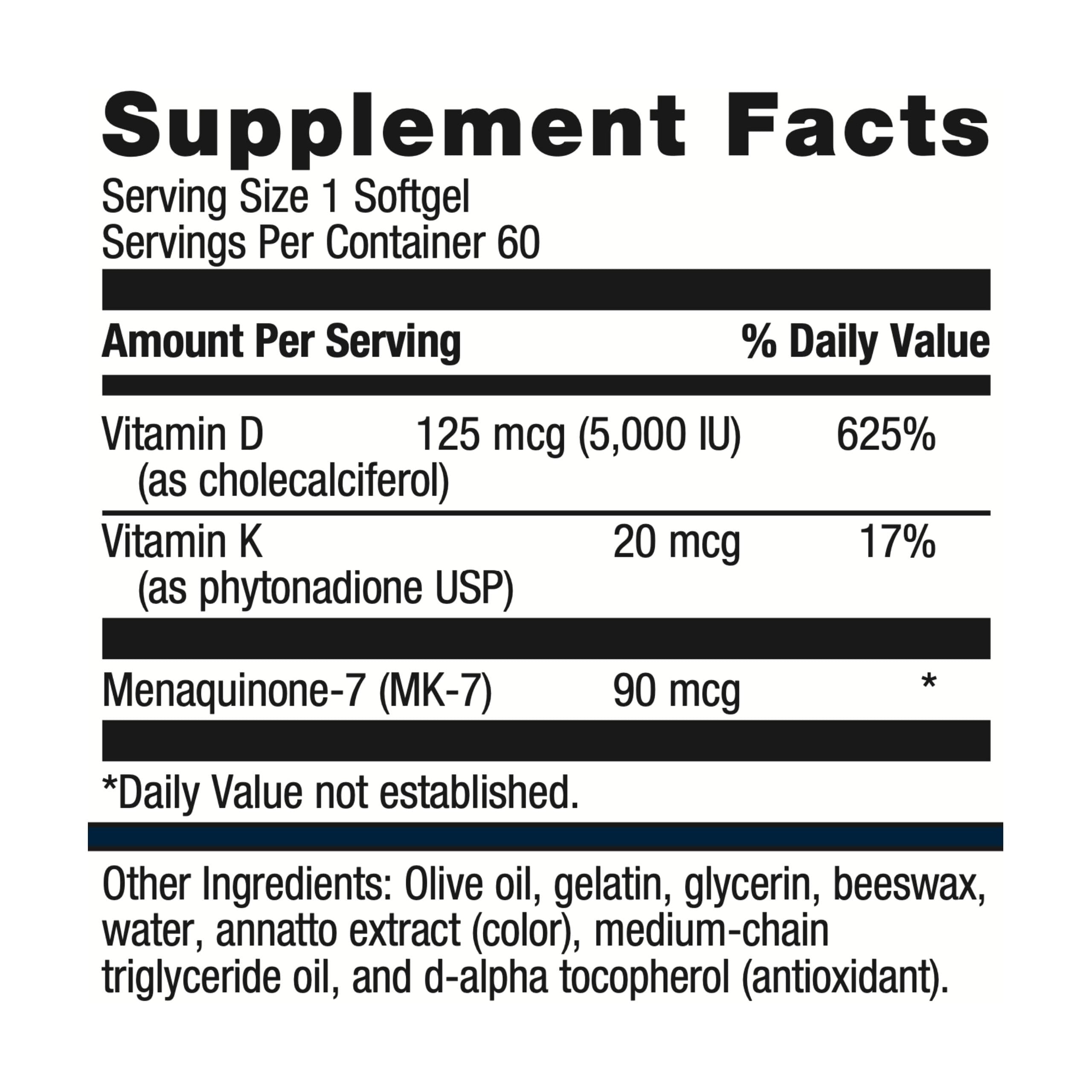 Metagenics D3 5,000 + K - for Immune Support, Bone Health &amp; Heart Health* - Vitamin D with MK-7 (Vitamin K2) - Non-GMO - Gluten-Free - 60 Softgels