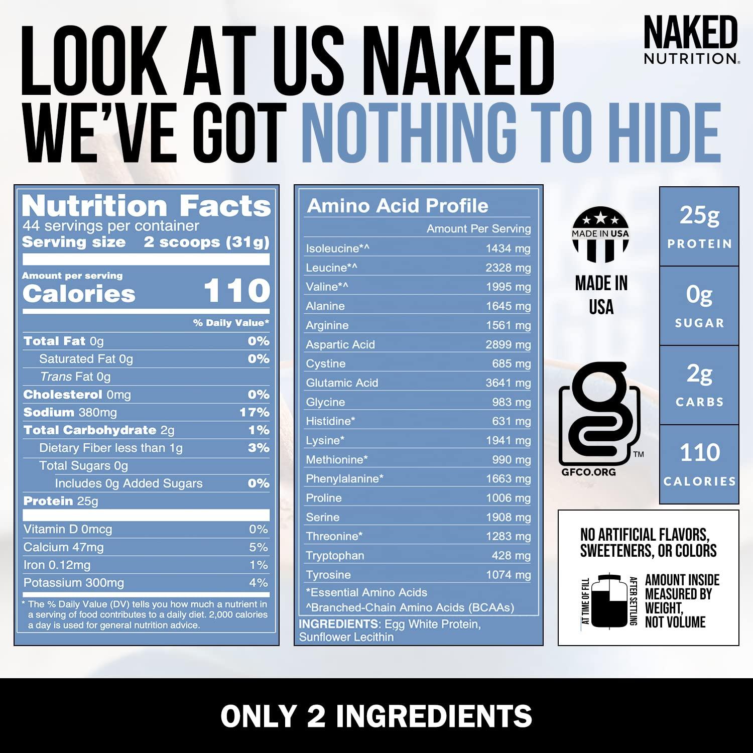 NAKED nutrition 3LB Non-GMO Egg White Protein Supplement Powder, Unflavored, No Additives, Paleo, Dairy Free, Gluten Free, Soy Free - 25g Protein, 44 Servings, 3 pounds