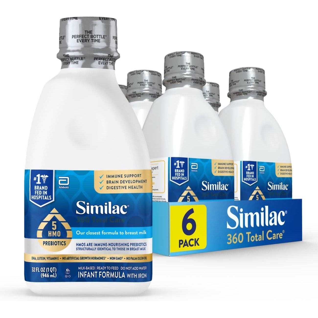 Similac 360 Total Care Infant Formula with 5 HMO Prebiotics, Our Closest Formula to Breast Milk, Non-GMO, Baby Formula, Ready-to-Feed 32-fl-oz Bottle (Case of 6)