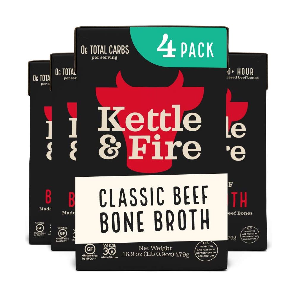 Beef Bone Broth Soup by Kettle and Fire, Pack of 4, Keto Diet, Paleo Friendly, Whole 30 Approved, Gluten Free, with Collagen, 10g of protein, 16.9 fl oz (Packaging May Vary)