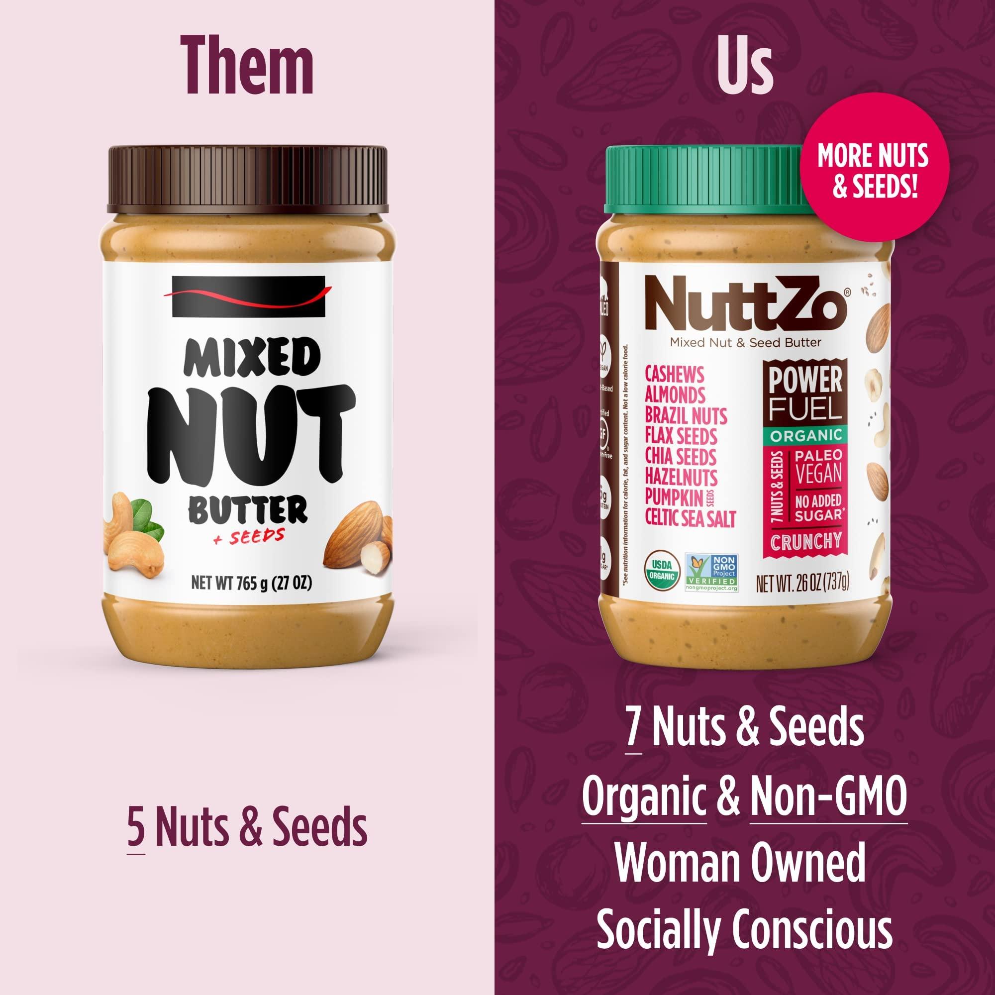 Organic Power Fuel Crunchy Nut Butter by NuttZo | 7 Nuts &amp; Seeds Blend, Paleo, Non-GMO, Gluten-Free, Vegan, Kosher | 1g Sugar, 6g Protein | 26oz Jar