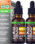 (2 Pack) Organic Vitamin D3 K2 Drops w MCT Oil Omega 3, Maximum Strength Vitamin D 5000 IU, No Fillers, Non-GMO Liquid D3 for Faster Absorption & Immune Support, Unflavored, 2 Fl Oz