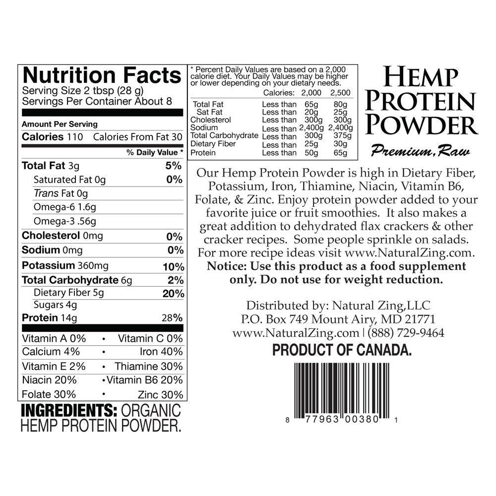 Natural Zing Hemp Protein Powder (Raw, Premium) 8 oz
