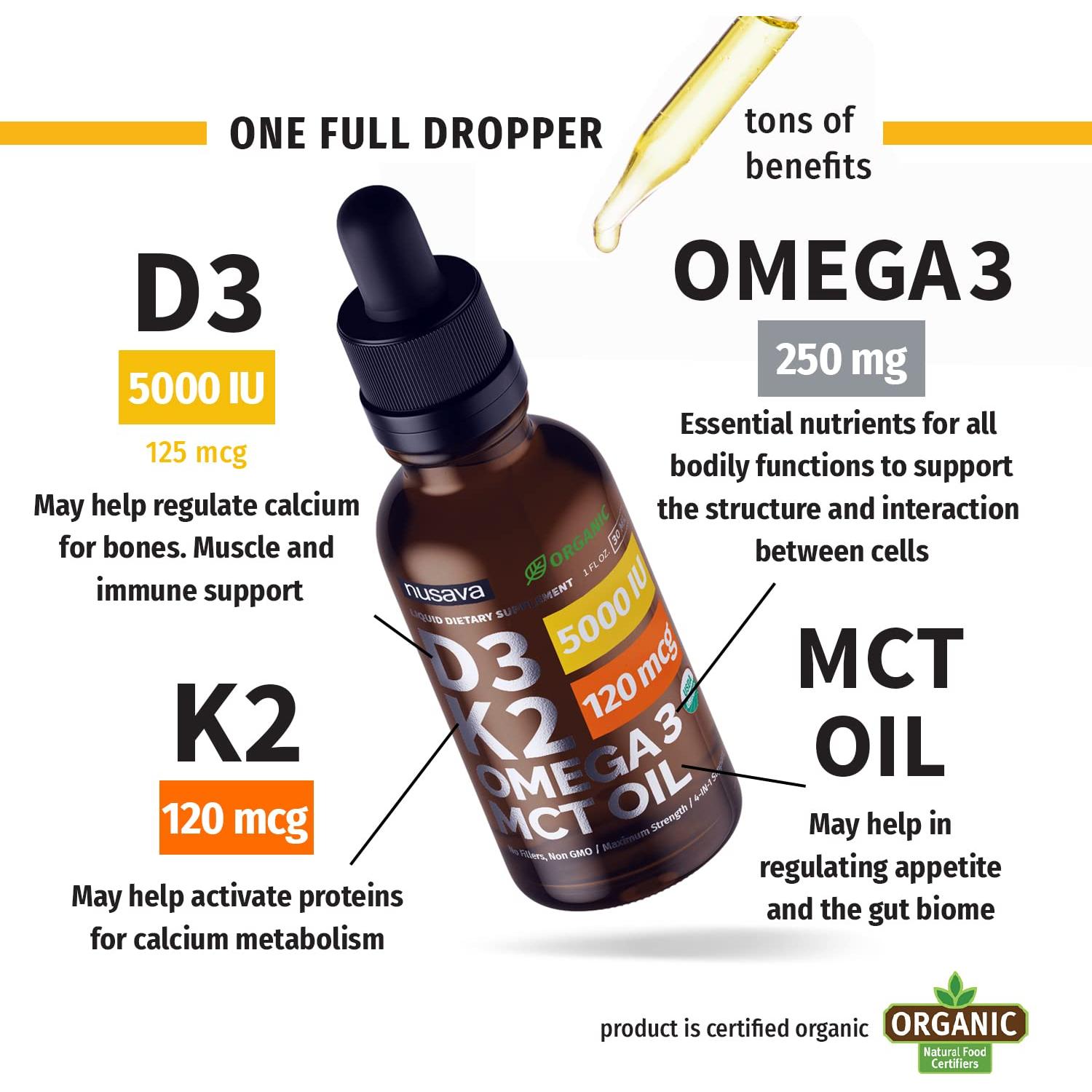 (2 Pack) Organic Vitamin D3 K2 Drops w MCT Oil Omega 3, Maximum Strength Vitamin D 5000 IU, No Fillers, Non-GMO Liquid D3 for Faster Absorption &amp; Immune Support, Unflavored, 2 Fl Oz