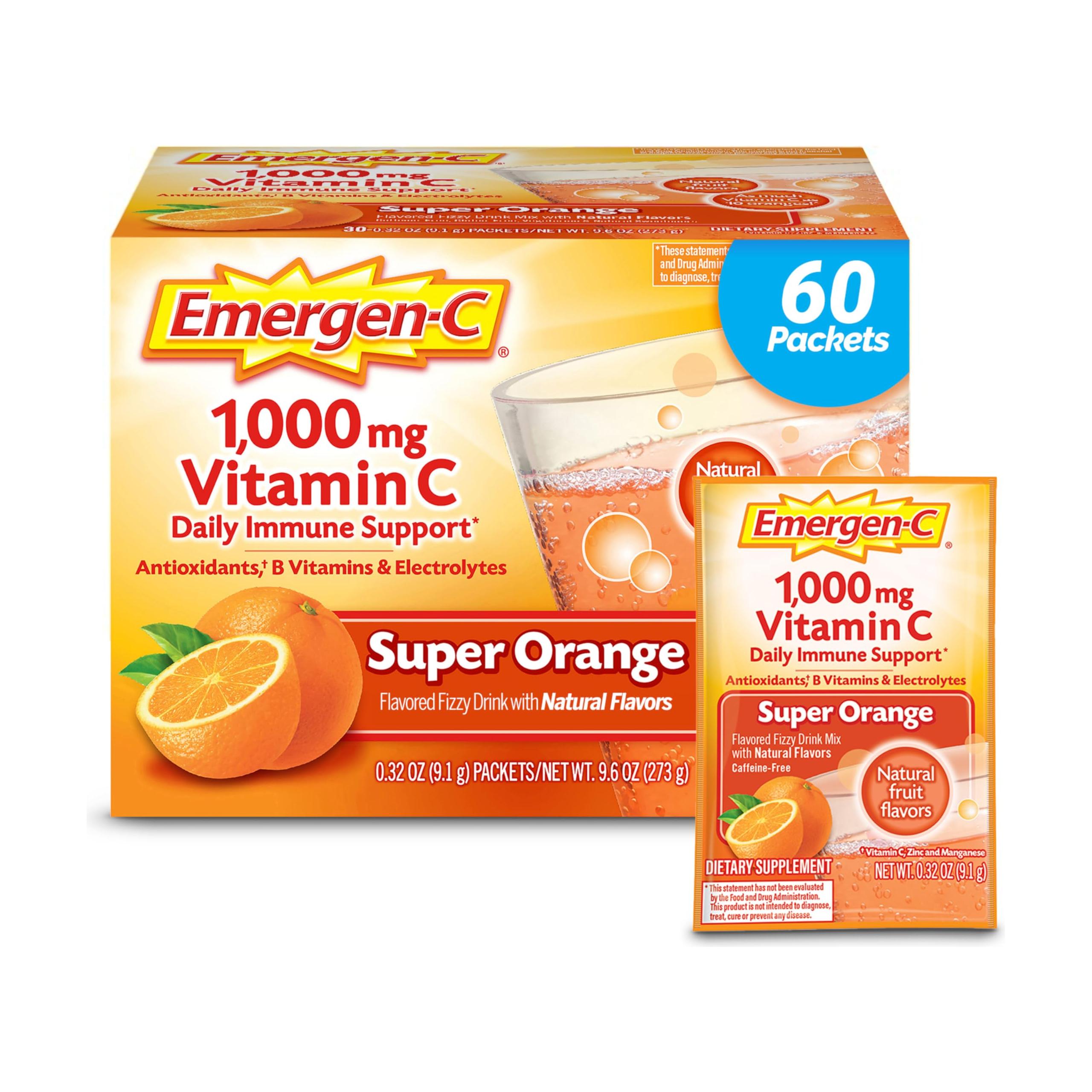 Emergen-C 1000mg Vitamin C Powder for Daily Immune Support Caffeine Free Vitamin C Supplements with Zinc and Manganese, B Vitamins and Electrolytes, Super Orange Flavor - 60 Count/2 Month Supply