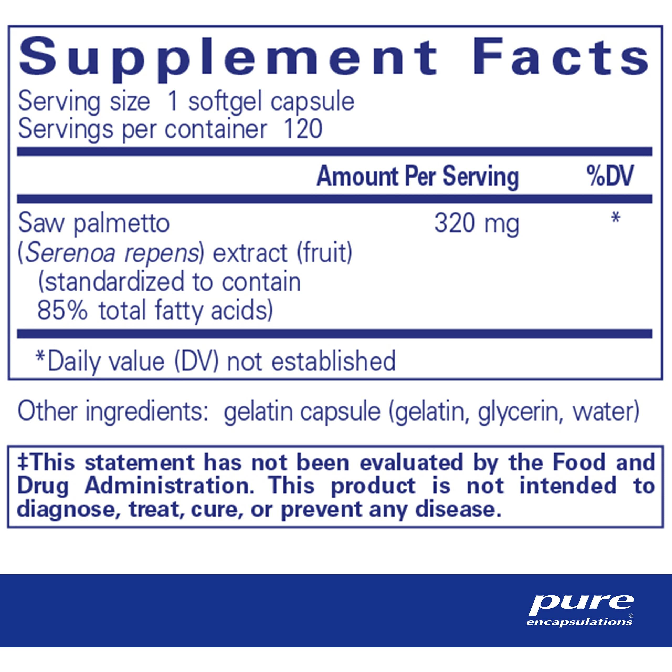 Pure Encapsulations Saw Palmetto 320 - Fatty Acids &amp; Other Essential Nutrients to Support Metabolism &amp; Urinary Function - with Saw Palmetto Extract - 120 Softgel Capsules